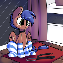 Size: 2000x2000 | Tagged: safe, artist:thieftea, oc, oc only, oc:odyssey flash, pegasus, pony, behaving like a dog, clothes, collar, leash, pet, pet play, socks, solo, striped socks, water bowl