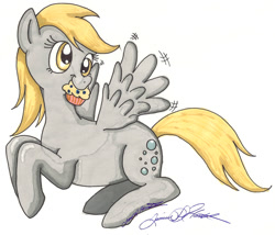 Size: 800x685 | Tagged: safe, artist:gina-su, derpy hooves, pegasus, pony, female, mare, mouth hold, muffin, solo, traditional art