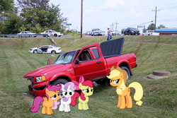 Size: 800x533 | Tagged: safe, artist:kartracer17, apple bloom, applejack, scootaloo, sweetie belle, car, chevrolet trailblazer, crown victoria, cutie mark crusaders, dodge ram, ford, ford f-150, ford ranger, irl, photo, ponies in real life, truck, wreck