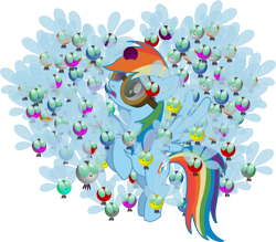 Size: 756x661 | Tagged: safe, artist:herrmyrddin, derpibooru import, rainbow dash, parasprite, pegasus, pony, swarm of the century, goggles, simple background, swarm, transparent background, vector