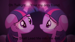 Size: 640x360 | Tagged: safe, derpibooru import, edit, edited screencap, screencap, twilight sparkle, a canterlot wedding, cave, clone, floppy ears, grammar, light spell, reflection, selfcest