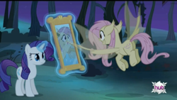 Size: 680x384 | Tagged: safe, screencap, fluttershy, rarity, bat pony, pony, bats!, cutie mark, flutterbat, hub logo, hubble, magic, mirror, race swap, reflection, telekinesis, the hub