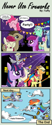 Size: 1200x2848 | Tagged: safe, artist:tuffylive, apple bloom, applejack, berry punch, berryshine, bon bon, cloud kicker, derpy hooves, doctor whooves, lyra heartstrings, minuette, pinkie pie, rainbow dash, roseluck, sweetie drops, twilight sparkle, twilight sparkle (alicorn), twinkleshine, alicorn, earth pony, pegasus, pony, bandage, comic, female, fireworks, injured, magic, mare