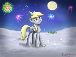 Size: 4000x3000 | Tagged: safe, artist:izelyca, derpy hooves, pegasus, pony, female, fireworks, happy new year, hat, mare, night, party hat, snow, snowfall, solo