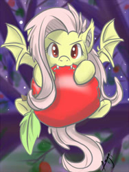 Size: 300x400 | Tagged: safe, artist:sugarbuzzstudio, fluttershy, bat pony, pony, bats!, apple, cute, fangs, flutterbat, race swap, shyabates, shyabetes, solo