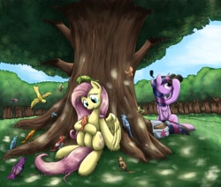 Size: 2556x2167 | Tagged: safe, artist:otakuap, derpibooru import, fluttershy, twilight sparkle, twilight sparkle (alicorn), alicorn, bird, pegasus, pony, binoculars, book, female, mare, tree