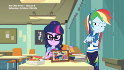 Size: 1920x1080 | Tagged: safe, derpibooru import, screencap, rainbow dash, sci-twi, twilight sparkle, better together, equestria girls, the last day of school, adorkable, chair, cute, dork, geode of super speed, geode of telekinesis, looking at you, magical geodes, table