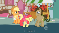 Size: 854x479 | Tagged: safe, screencap, apple bloom, applejack, doctor whooves, earth pony, pony, call of the cutie, apple, hub logo, hubble, meme, the hub, vulgar, youtube caption