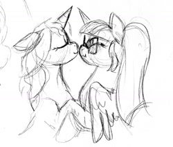 Size: 1280x1086 | Tagged: safe, artist:ketzelfeathers, sci-twi, sunset shimmer, twilight sparkle, twilight sparkle (alicorn), alicorn, pony, blushing, boop, cute, equestria girls ponified, eyes closed, female, glasses, kissing, lesbian, mare, noseboop, ponified, scitwilicorn, scitwishimmer, scrunchy face, shipping, simple background, sketch, sunsetsparkle