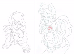 Size: 3540x2600 | Tagged: safe, artist:blackbewhite2k7, derpy hooves, flam, pony, anime, bipedal, crossover, dragon ball, filly, goku, manga, parody, sketch, tao pai pai, wip, younger