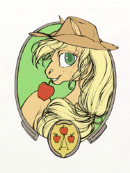 Size: 600x801 | Tagged: safe, artist:fillyphalanx, applejack, earth pony, pony, apple, bust, cowboy hat, female, frame, hat, looking at you, mare, mouth hold, obligatory apple, portrait, solo