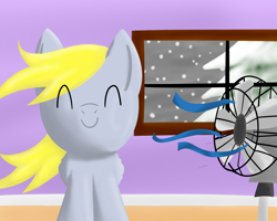 Size: 2500x2000 | Tagged: safe, artist:yuradhear, derpy hooves, pegasus, pony, female, mare, smiling, snow, snowfall, solo, window, windswept mane, wings, winter