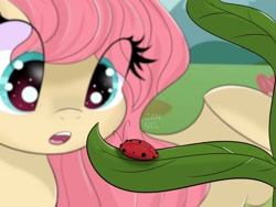 Size: 1600x1200 | Tagged: safe, artist:janelearts, fluttershy, insect, ladybug, pegasus, pony, amazed, big eyes, bust, cute, eye clipping through hair, female, looking at something, open mouth, outdoors, shyabetes, starry eyes, wingding eyes