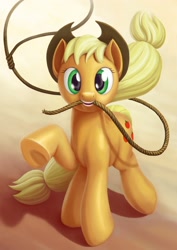 Size: 1500x2122 | Tagged: safe, artist:dahtamnay, applejack, earth pony, pony, lasso, looking at you, mouth hold, solo, underhoof