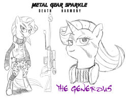 Size: 900x701 | Tagged: safe, artist:xscaralienx, rarity, pony, unicorn, camouflage, cobra unit, female, gun, hooves, horn, konami, mare, metal gear, metal gear solid, metal gear solid 3, optical sight, rifle, sniper rifle, solo, text, weapon