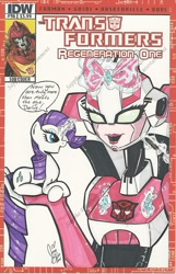 Size: 1024x1593 | Tagged: safe, artist:ponygoddess, idw, rarity, pony, unicorn, arcee, comic, holding a pony, rodimus prime, transformers, transformers animated