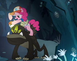 Size: 1168x933 | Tagged: safe, artist:pixelkitties, pinkie pie, earth pony, pony, star spider, background monster, cave, clothes, female, mare, parody, pokéball, pokémon, scariest cave in equestria, unknown creature