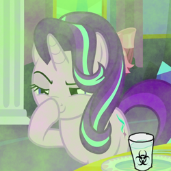 Size: 600x600 | Tagged: safe, edit, edited screencap, screencap, starlight glimmer, pony, unicorn, no second prances, biohazard, brap, exploitable meme, fart, glass of water, glimmerposting, meme, solo