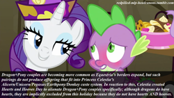 Size: 1152x648 | Tagged: safe, rarity, spike, dragon, pony, unicorn, female, headcanon, male, meta, redpilled-mlp-headcanons, shipping, sparity, straight