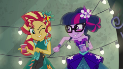 Size: 1280x720 | Tagged: safe, screencap, sci-twi, sunset shimmer, twilight sparkle, equestria girls, legend of everfree, bare shoulders, blushing, clothes, dress, duo, female, glasses, high heels, one eye closed, playful, punch, punchies, shoes, sleeveless, strapless