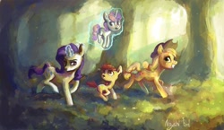 Size: 2620x1519 | Tagged: safe, artist:nayshie, apple bloom, applejack, rarity, sweetie belle, earth pony, pony, unicorn, crepuscular rays, forest, levitation