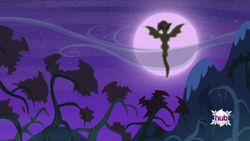 Size: 1280x720 | Tagged: safe, screencap, fluttershy, bat pony, pony, bats!, flutterbat, hub logo, moon, mountain, night, race swap, sky, solo, stars, tree, wind