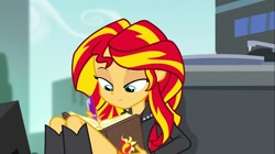 Size: 1100x618 | Tagged: safe, screencap, sunset shimmer, equestria girls, rainbow rocks, book, lidded eyes, pen, solo