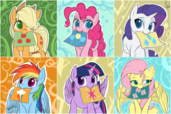 Size: 1920x1281 | Tagged: safe, artist:valcron, derpibooru import, applejack, fluttershy, pinkie pie, rainbow dash, rarity, twilight sparkle, twilight sparkle (alicorn), alicorn, earth pony, pegasus, pony, unicorn, colored pupils, cute, cutie mark, dashabetes, diapinkes, female, jackabetes, mane six, mare, mouth hold, raribetes, shyabetes, twiabetes