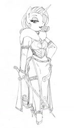 Size: 750x1280 | Tagged: safe, artist:crovirus, rarity, anthro, armor, clothes, dress, looking at you, monochrome, side slit, solo, sword, unconvincing armor