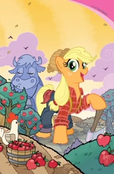 Size: 911x1400 | Tagged: safe, idw, applejack, cow, earth pony, pony, 4chan, apple tree, applejack bunyan, axe, comic, cover, lumberjack, paul bunyan, tree