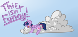 Size: 1900x900 | Tagged: safe, artist:oblivinite, derpibooru import, twilight sparkle, twilight sparkle (alicorn), alicorn, pony, cloud, dialogue, eyes closed, female, fluffy, flying lesson, hug, mare, open mouth, prone, scared, solo, yelling