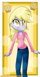 Size: 1000x1900 | Tagged: safe, artist:vixelzf, derpy hooves, equestria girls, blushing, muffin, solo