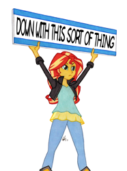 Size: 950x1278 | Tagged: safe, artist:manly man, sunset shimmer, equestria girls, clothes, exploitable meme, father ted, female, leggings, meme, sign, simple background, solo, sunset's board, white background
