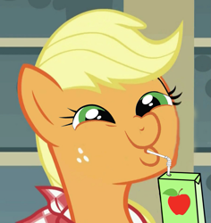 Size: 791x839 | Tagged: safe, edit, applejack, earth pony, pony, dashface, juice box, sipping, solo