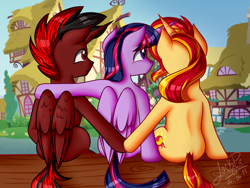 Size: 2000x1500 | Tagged: safe, artist:jack-pie, sunset shimmer, twilight sparkle, twilight sparkle (alicorn), oc, alicorn, pony, unicorn, alicorn oc, canon x oc, commission, female, holding hooves, horns are touching, male, mare, ponyville, rear view, red and black oc, signature, sitting, stallion, straight, trio