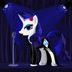 Size: 2700x2700 | Tagged: safe, artist:warfost, rarity, pony, unicorn, alternate hairstyle, beautiful, clothes, dress, hair over one eye, microphone, singing, solo