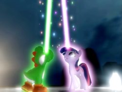 Size: 795x600 | Tagged: safe, artist:icepony64, derpibooru import, twilight sparkle, 3d, aura, beam, crossover, glow, glowing horn, gmod, horn, magic, nintendo, paint.net, super mario bros., yoshi, yoshilight