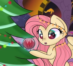 Size: 1318x1200 | Tagged: safe, artist:janelearts, fluttershy, pegasus, pony, bauble, big eyes, christmas, christmas lights, christmas ornament, christmas tree, cute, decoration, holiday, open mouth, shyabetes, solo, tree