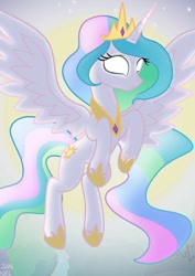 Size: 1000x1414 | Tagged: safe, artist:janelearts, princess celestia, alicorn, pony, flying, solo, white eyes