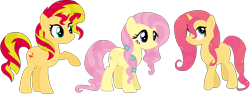 Size: 1118x422 | Tagged: safe, artist:s-haii, fluttershy, sunset shimmer, pegasus, pony, alternate universe, female, flower, flower in hair, lesbian, magical lesbian spawn, offspring, parent:fluttershy, parent:sunset shimmer, parents:sunshyne, shipping, simple background, sky skimmer, sunshyne, transparent background