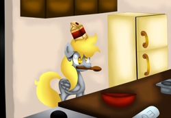 Size: 1680x1159 | Tagged: safe, artist:king-sombrero, derpy hooves, pegasus, pony, baking, bowl, cute, female, kitchen, malk, mare, messy mane, milk, mouth hold, refrigerator, smiling, solo, spoon, this will end in tears
