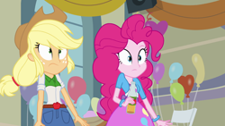 Size: 1920x1080 | Tagged: safe, screencap, applejack, pinkie pie, equestria girls, apple cider, balloon, bracelet, cider, clothes, jewelry, skirt