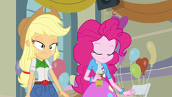 Size: 1920x1080 | Tagged: safe, screencap, applejack, pinkie pie, equestria girls, apple cider, balloon, bracelet, cider, clothes, jewelry, skirt