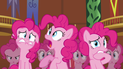 Size: 1280x720 | Tagged: safe, screencap, pinkie pie, earth pony, pony, too many pinkie pies, clone, fear, pinkie clone, reaction image