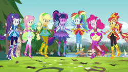 Size: 1920x1080 | Tagged: safe, derpibooru import, screencap, applejack, fluttershy, pinkie pie, rainbow dash, rarity, sci-twi, sunset shimmer, twilight sparkle, equestria girls, legend of everfree, amulet, crystal guardian, crystal wings, floating, holding hands, humane five, humane seven, humane six, ponied up, smiling