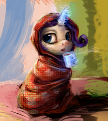 Size: 985x1105 | Tagged: safe, artist:kaermter, rarity, pony, unicorn, blanket, coffee, cup, cute, magic, raribetes, sitting, solo, telekinesis, wrapped up