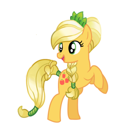 Size: 900x923 | Tagged: safe, artist:schnuffitrunks, applejack, earth pony, pony, alternate hairstyle, braid, looking back, rearing, simple background, solo, tail wrap