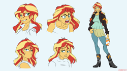Size: 1920x1080 | Tagged: safe, artist:atariboy2600, sunset shimmer, comic:the amazonian effect, equestria girls, blue background, boots, bust, can, clothes, female, high heel boots, jacket, leather jacket, looking at you, reference sheet, simple background, sleeveless, soda, soda can, solo