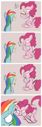 Size: 860x2566 | Tagged: safe, artist:noupu, derpibooru import, edit, pinkie pie, rainbow dash, earth pony, pegasus, pony, secrets and pies, chase, comic, duo, female, food, mare, pie