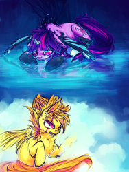 Size: 750x1000 | Tagged: safe, artist:syntactics, derpibooru import, spitfire, twilight sparkle, twilight sparkle (alicorn), alicorn, cyborg, pony, cloud, crying, scar